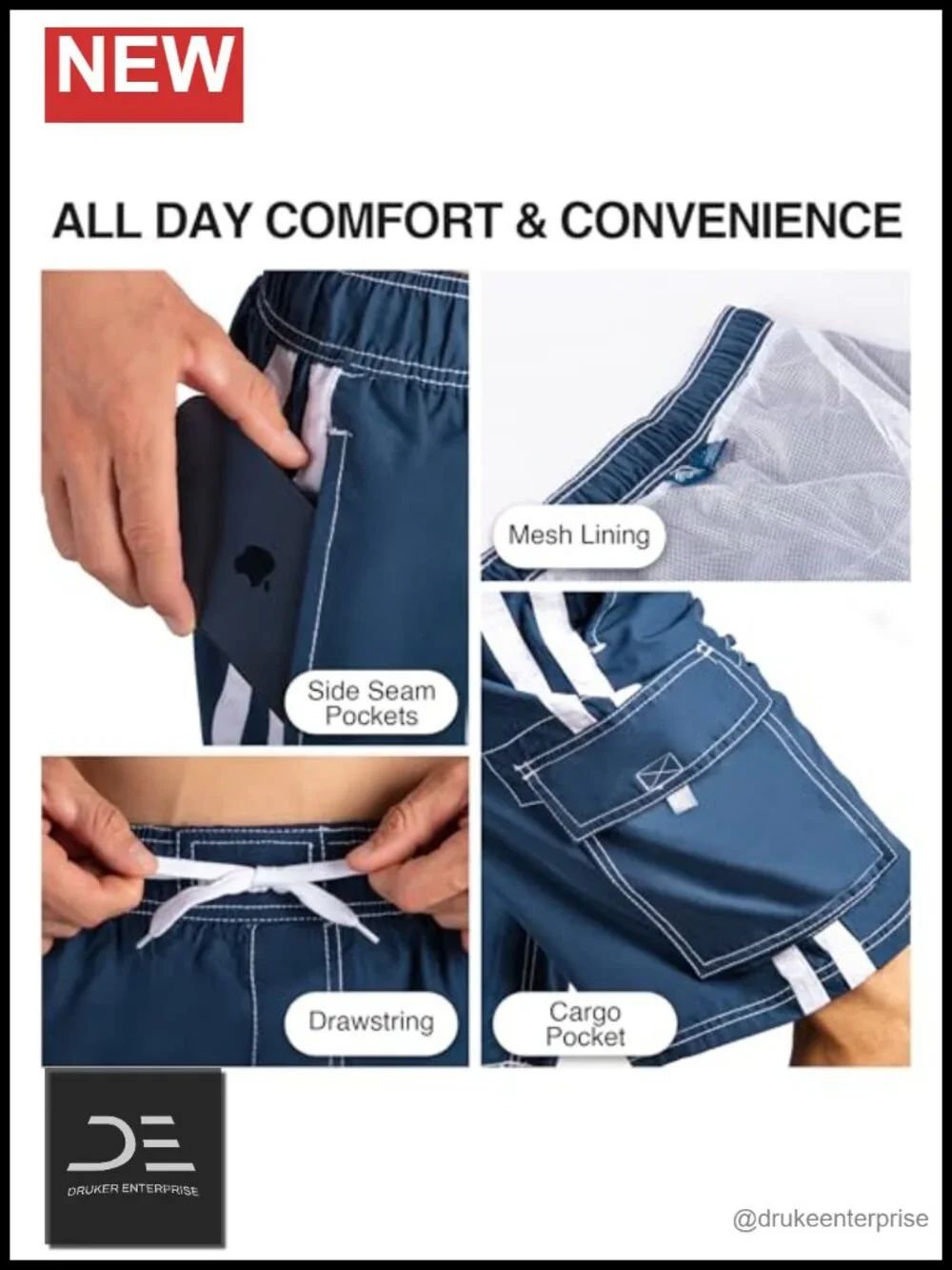 UPF 50+ Quick Dry Microfiber Swim Trunks with Mesh Lining